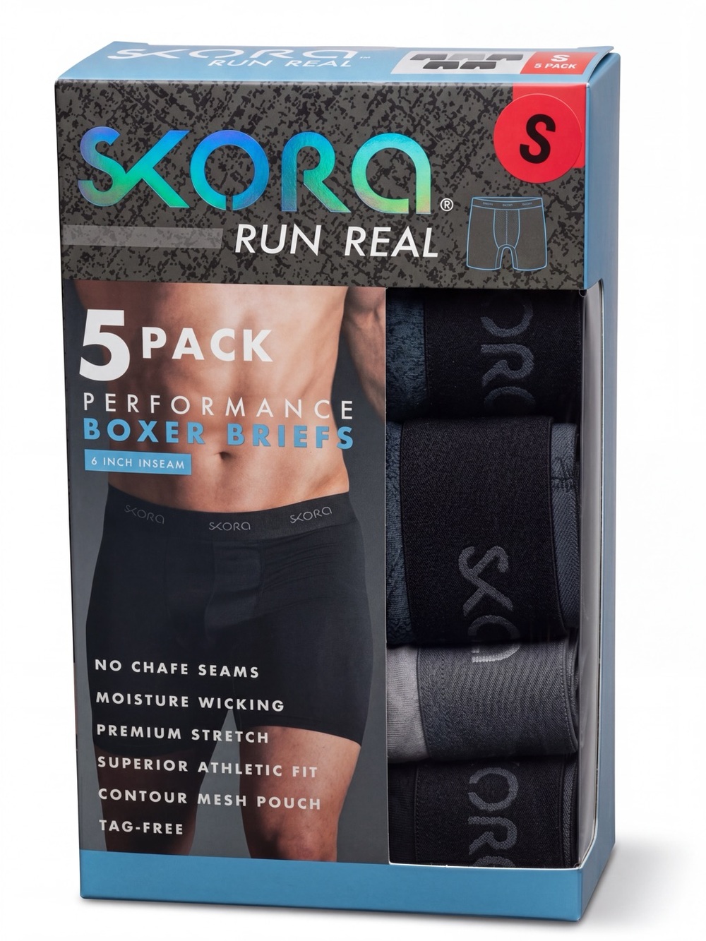Skora Run Real Men's Performance Boxer Briefs - Black & Gray - 5 Pack